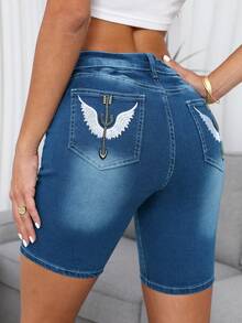 Women's Elastic Denim Shorts With Wing Embroidery, Washed Blue, Essential For Summer - Medium Wash - View 7