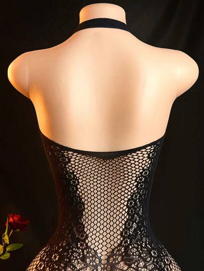 Verleidelijke Lingerie Bodystocking Halter Neck Open Crotch High Elasticity Nylon Elastane Blend Sleek Zwart Fishnet Patterned Mesh Hollow Out Stretchy, Non Transparent Washable Intimate Apparel Adults, Rave view 6