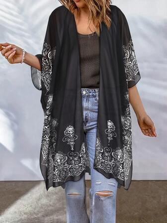 Kimono estampado para mujer de talla grande para vacaciones