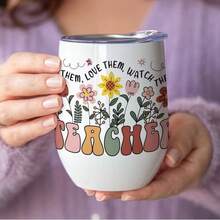 教师节玻璃杯 - 12 盎司不锈钢，蛋壳形，隔热盖，便携式旅行杯，四季皆宜的饮具，完美的教师礼物 返校 - 白色 - 查看 19