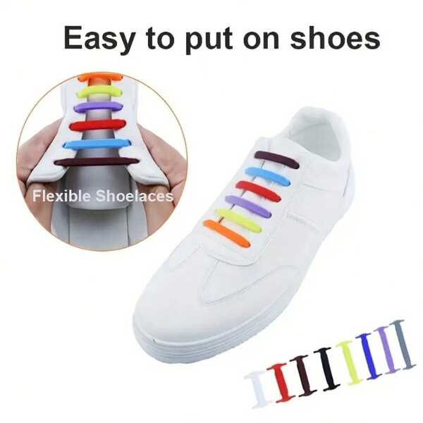 16 peças/pacote Cadarços Elásticos de Silicone Coloridos, Sem Necessidade de Amarrar, Adequado para Todos os Calçados Esportivos, Botas, Calçados Soltos com Furos