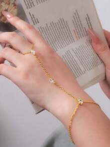 1 pieza Brazalete de mujer con hoja de diamante de estilo bohemio y cristal, brazalete de cadena fina simple para el dedo, accesorio de joyería como regalo