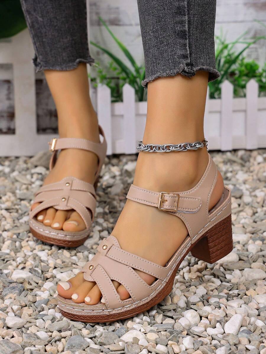 Sandalias de tacón alto francesas de verano, versátiles, de moda, con hebilla y tira cruzada, de unicolor, ultraligeras y de tacón grueso para mujer