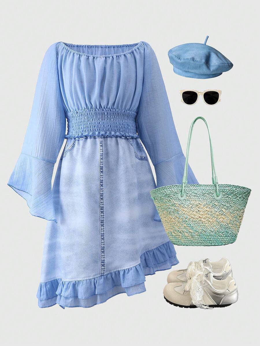 2件套女童休闲印花半裙和短袖上衣，夏季 - 淺色水洗藍 - 查看 1