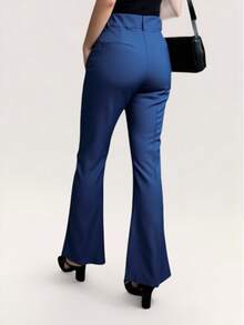 Women's Tailored Flare Pants With Fake Pockets At The Back - Blue - View 2