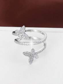 Anillo envolvente abierto con diseño de mariposa, de cobre con circonita sintética, joyería de uso diario ajustable para todas las estaciones