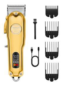HIENA 四合一专业理容套装，包括无线 LED 理发器、T 型刀头修剪器、电动剃须刀、鼻毛修剪器，操作顺滑轻便，是送给家人、父母和爱人的贴心礼物，配备 2000mAh 大功率锂电池。 - 金色 - 查看 4