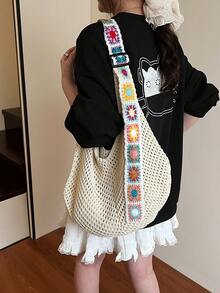 1 Piece Of Portia Pattern Color Blocked Crochet Handbag, Large Capacity Fashionable Multifunctional Commuting Bag, Large Capacity Knitted Homeless Bag, Cute Heart-Shaped Handbag, Women's Casual Shoulder Bag, Y2k Gift, Leisure Vacation, Portia Style Beach Bag, Hollow Bag, Women's Tote Bag - Beige - View 6