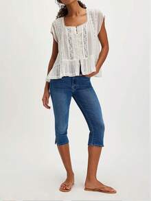 Women Summer Boho Tie Front Lace Trim Tank Tops Y2k Flowy Frilly Chiffon Vest Beach Button Ruffle Eyelet Tank Tops - 白色 - 查看 4