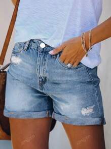 Cross-Border American Street Style New Summer Versatile Vacation Style Loose Simple Casual Hem Worn Solid Color Washed Women's Jeans