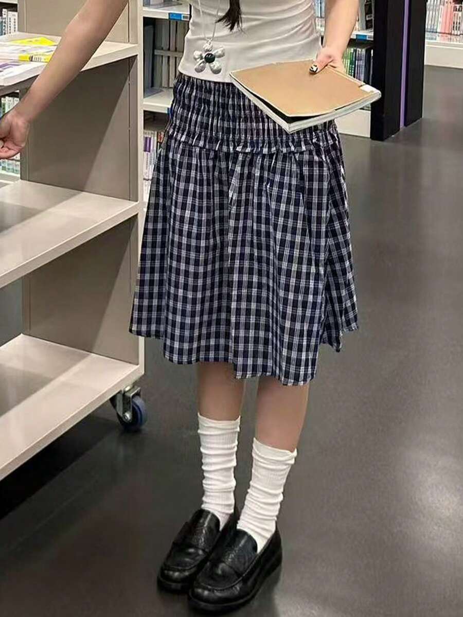 全新蓝色条纹夏季半身裙，宽松A字学院风女式半身裙 - 藍色條紋 - 查看 1