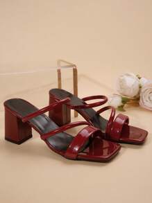 White Minimalist Square Toe Faux Leather Block Heel Sandals, French Style Elegant Suitable For Walking, Dates, Gatherings, Parties, Commuting, Business
