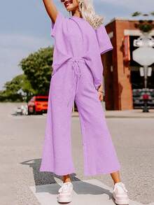 Fisoew Y2K Aesthetic Textured Oversized Crop Top + 9/10 Wide Leg Textured Fabric Pants Co-Ord Set | Drawstring Waist Sportsuit & Casual Streetwear Outfit - Flattering For All Body Types| Age Neutral Fashion - Màu tím - Xem 6