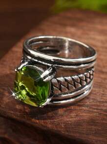 1pc Boho Style Vintage Silver Olive Green Zirconia Women's Ring, Suitable For Wedding, Engagement, Promise Or Daily Wear