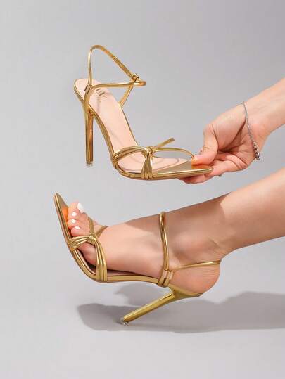 Sandalias de tacón alto doradas para fiesta de mujer, decoradas con correas, elegantes y sexys de punta afilada para vestidos de noche formales, atuendos de primavera y verano