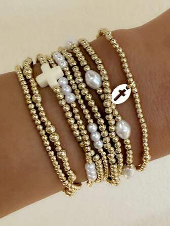 9pcs Fashion CCB Golden Beads Imitated Pearl Multilayer Elastic Bracelet Set With Cross Pendant, Stackable Bracelets For Women, Suitable For Daily, Vacation, Party