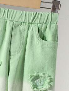 2pcs/Set Sweet & Cool Sleeveless Cropped Tank Top & Butterfly Embroidered Distressed Denim Long Pants, Summer - Green - View 6