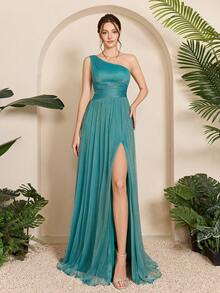 Vestido de dama de honor largo con escote asimétrico, busto fruncido, cintura hueca y línea A, con malla - Agua verde azul - Ver 3