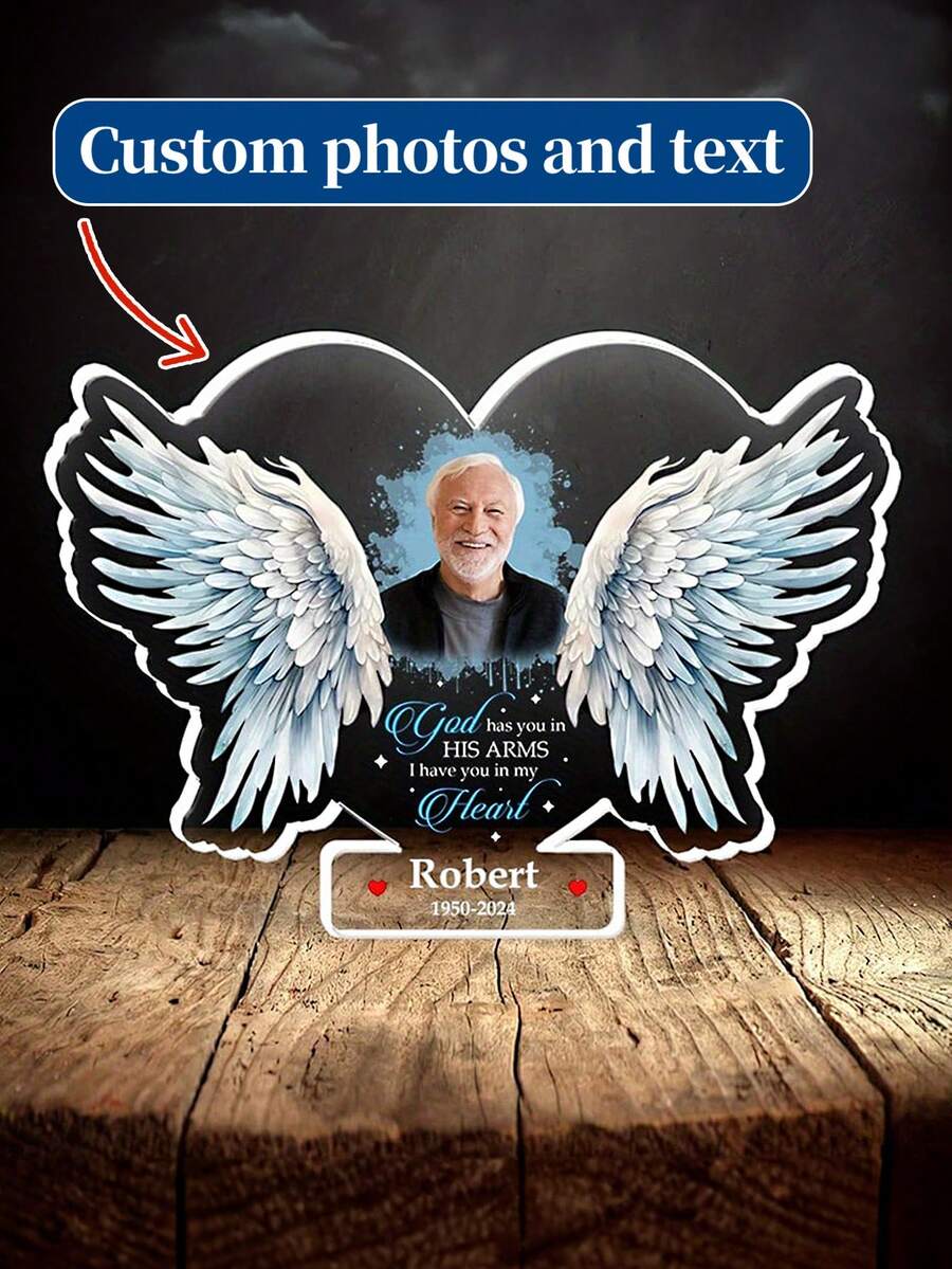 1 pieza Decoración conmemorativa de mascota personalizada de acrílico, placa conmemorativa de mascota personalizada con foto y texto personalizables, decoración conmemorativa de nombre y fecha de mascota personalizable. Adopta diseño plano 2D de ángel abrazando la luna, artesanía en relieve degradado dorado rosa y marco con forma de corazón. - Ángel 1 - Ver 1