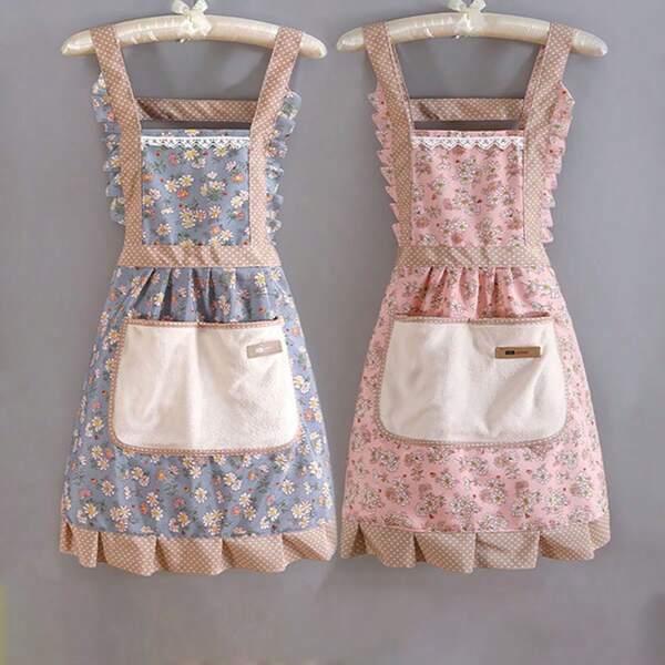 1pc Floral Ruffle Decorative Fabric Apron, Modern Oily Chef Apron, For Kitchen, Bathroom, Home, Home Supplier, Rustic Style Floral Pattern Cleaning Apron, Women's Vintage Floral Kitchen Apron, Suitable For Adults, Especially Women And Mothers, Essential For Kitchen Cleaning