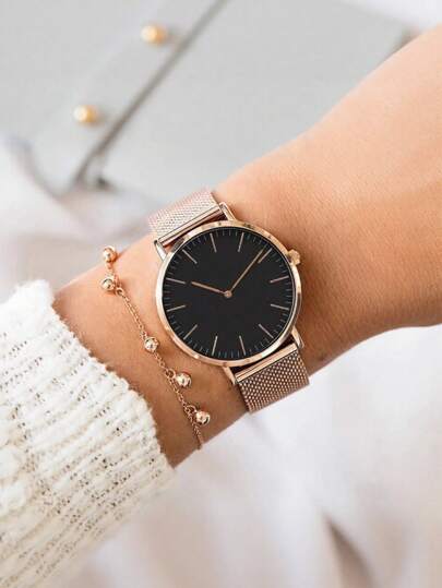 1pc Stainless Steel Stiff Ladies' Quartz Wristwatch Mesh Strap Round Pointer Strap,Ultra Thin Dial able Quality Jewelry Rose Goud Horloge Travel As Students Returning To School
