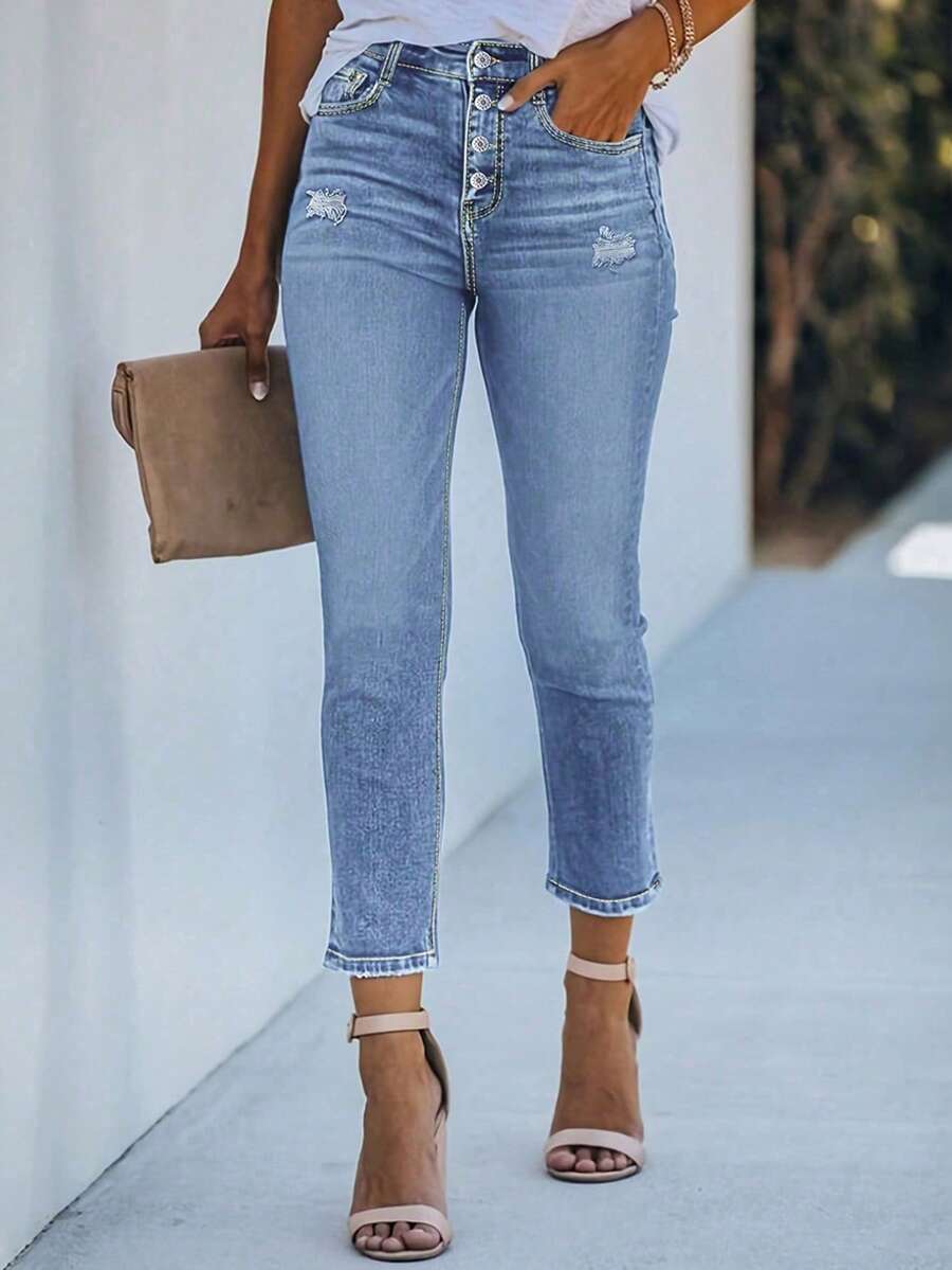 Stretchy Single-Breasted Women's Denim Skinny Casual Pants - Light Wash - View 1
