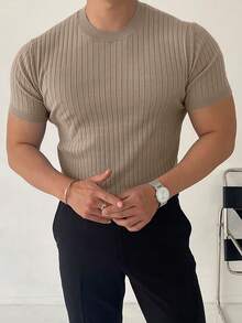 Men's Fashion Solid Color Vertical Ribbed Short Sleeve Knit Top - Khaki - View 1