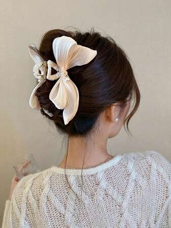 1pc Beige/Black High-Quality Pearl Decor Pleated Bow Large Hair Claw Clip, Suitable For Hairstyles With Thick Hair, Elegant And Suitable For Everyday Casual, Outings And Gatherings