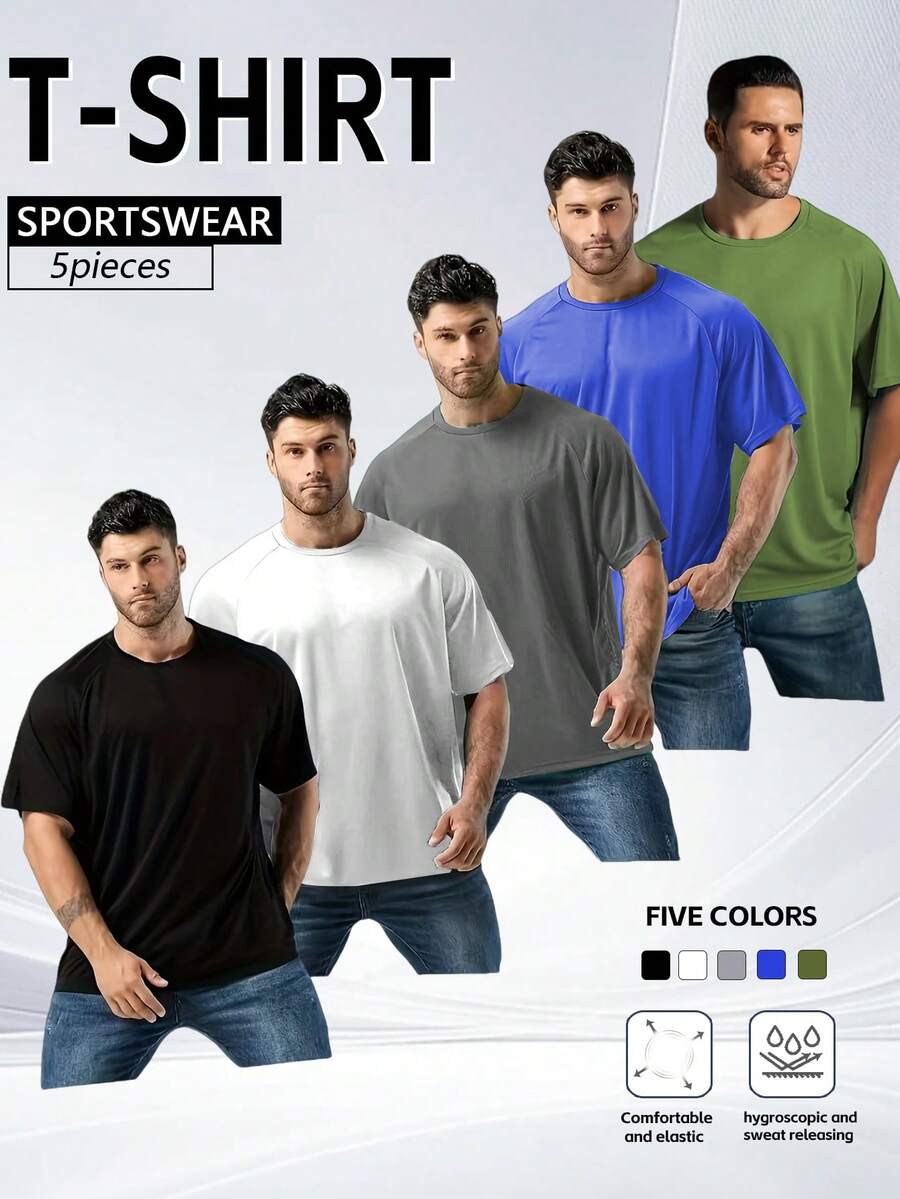 5pcs Plus Size Men's Mesh Short Sleeve Casual & Outdoor T-Shirts, Round Neck Sports Tee Black Summer
