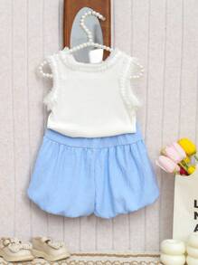 2pcs/Set Girls Round Neck Lace Trim Floral Print Sleeveless Tank Top + Bowknot Lantern Shorts Outfit, Summer