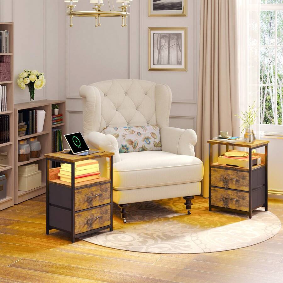 Tomnk 1/2pcs Night Stand With Charging Station, LED Nightstand With U-S-B Ports And Outlets, 2 Fabric Storage Drawers With PU Finish, Bedside Table, Bedroom Furniture, For Back To School Season - 查看 1