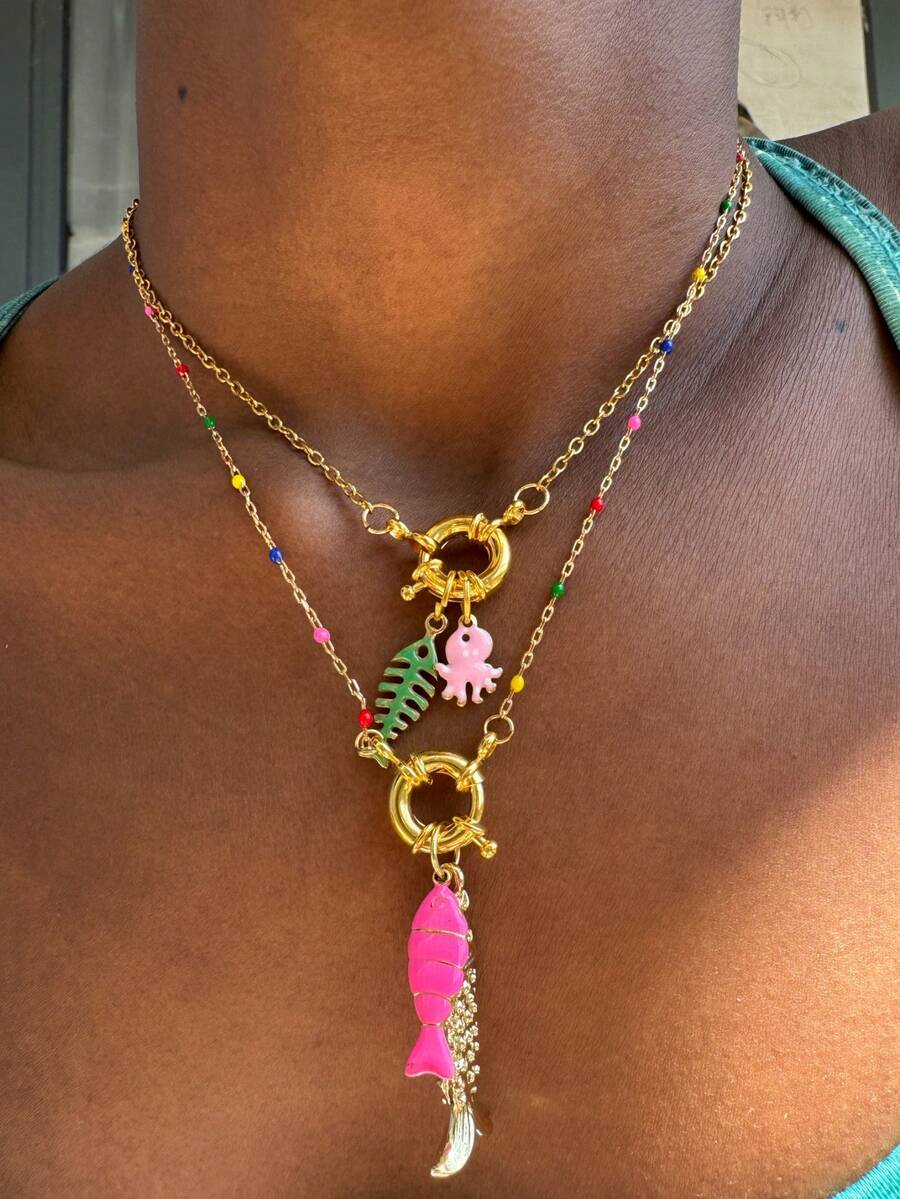 Collar con colgante de acero inoxidable con diseño de pulpo colorido, espina de pescado y goteo de aceite como joya de regalo para mujeres en viaje - collar - Ver 1