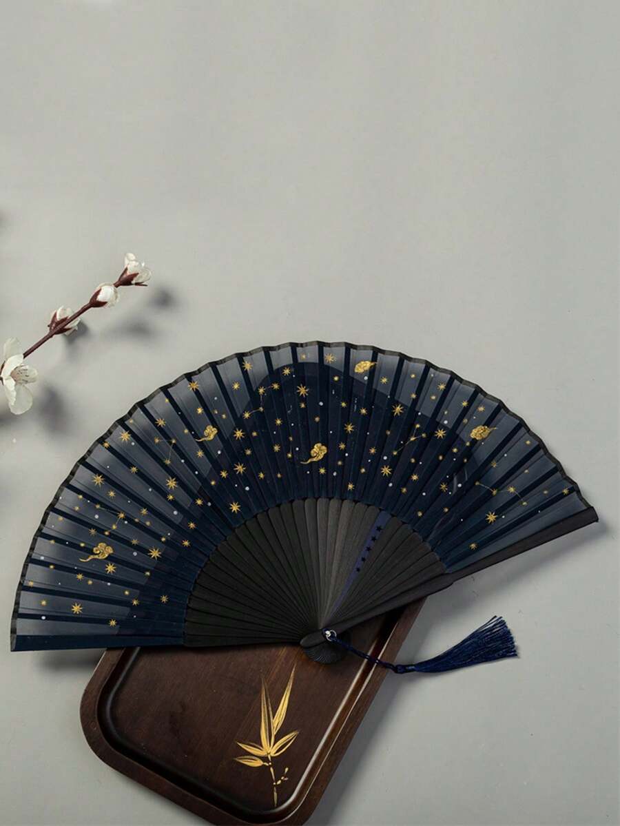1 件随机星空折扇,家居装饰竹扇,夏季便携式折叠扇,带铝箔设计,适合女性 - 黑色 - 查看 1