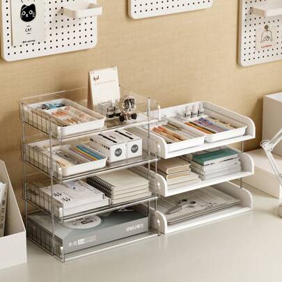 Organizador de mesa transparente/branco de 4/3/2 camadas com bandeja para canetas com vários compartimentos, porta-arquivos A4 – fácil montagem, design minimalista, prateleira multifuncional de papelaria de grande capacidade para escritório, organização de mesa de estudante, volta às aulas