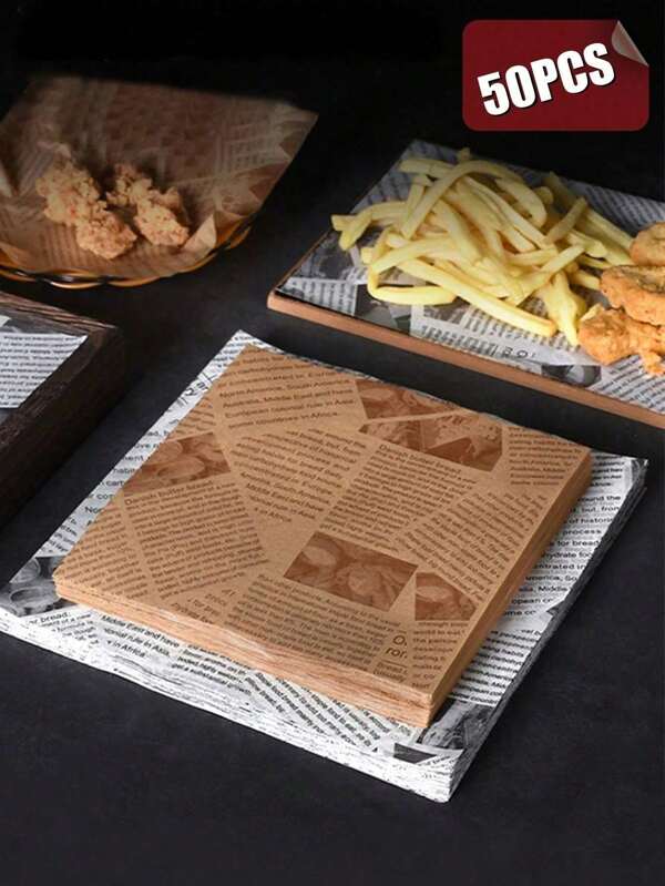 50 Stücke Backpapier, Pergamentpapier, Sandwich-Verpackungspapier, Backzubehör, Retro-Zeitungsdruck-Lebensmittelpapier-Auskleidungen, Tablett-Auskleidungen, Korb-Auskleidungen, Fast Food, Restaurant Café, Tisch-Dekoration, Restaurant Zuhause, Lebensmittelverpackungspapier, öl- und fleckbeständig, Catering-Zubehör, Party-Picknick, für alle Zwecke geeignet. (Die Position des Musters ist asymmetrisch und zufällig)