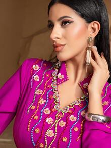 5250 AED handgenähtes Kleid im Dubai-Stil mit Perlenstickerei, Abendrobe, dezent - Rosa - Übersicht 6