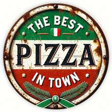 1 件复古意大利披萨标志金属圆形牌匾标牌，8x8 英寸，铁艺墙饰，耐用室内/室外标牌，适用于家庭、餐厅、酒吧、咖啡厅、车库装饰，孔位置随机