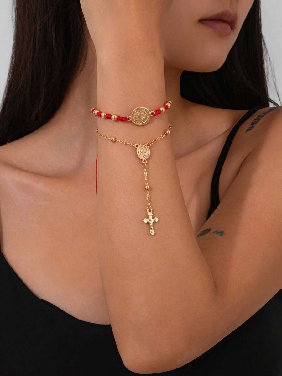2pcs/Set Retro Portrait & Cross Pendant Red & Black String Beaded Bracelet Sets, For Women
