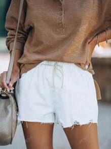 Women's Pocket Frayed Hem Denim Shorts, Casual Summer Style