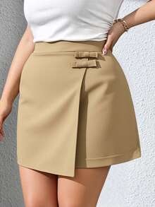 Skort de Cintura Elástica con Abertura Delantera – Talla Extra        Cremallera  Envolvente  Anilla - Caqui - Ver 4