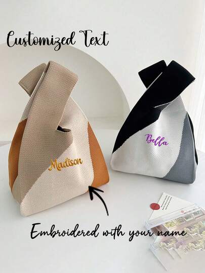 Personalized Handmade Knitted Tote Bag, Can Embroider Your Name, Women's Mini Wrist Bag, Japanese Casual Striped Plaid Handbag, Reusable Shopping Bag For Students, Ideal For Outdoor Travel And Back To School Season, A Unique Holiday Gift, Graduation Gift, Mother's Day Gift, Souvenir