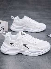 2025 Spring/Summer Minimalist Athletic Sneakers, Korean Style, Suitable For Gym, Campus, Daily Commute, Street Wear, Black & White Contrast Streamlined Arrow + S Logo, Breathable Mesh & Synthetic Leather, 3cm Air Cushion, Low-Top Lace-Up Round Toe Anti-Slip Patterned Thick Sole Flat Running Shoes 2000s Style Valentine's Day Ideas - Multicolor - View 1