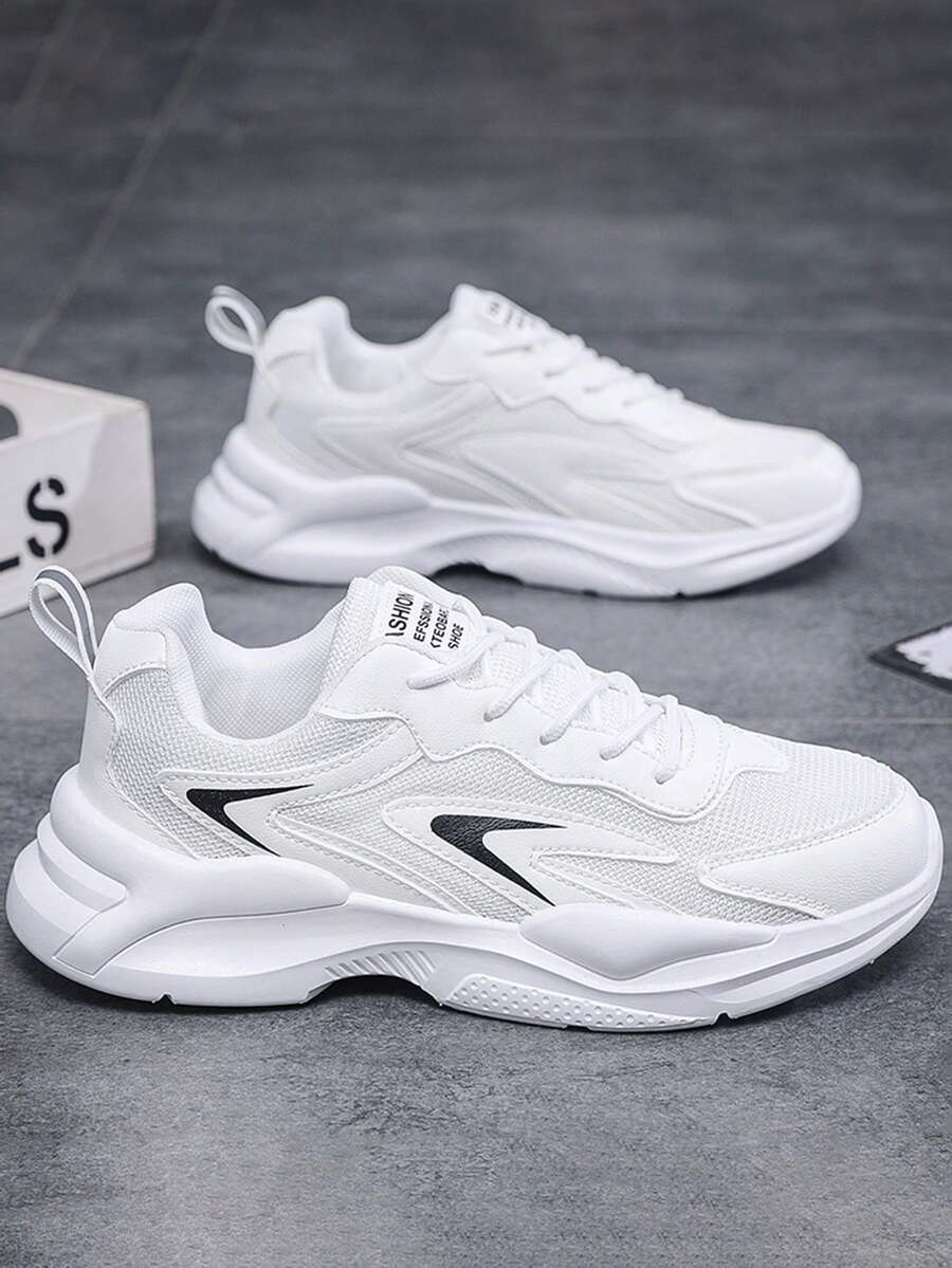 2025 Spring/Summer Minimalist Athletic Sneakers, Korean Style, Suitable For Gym, Campus, Daily Commute, Street Wear, Black & White Contrast Streamlined Arrow + S Logo, Breathable Mesh & Synthetic Leather, 3cm Air Cushion, Low-Top Lace-Up Round Toe Anti-Slip Patterned Thick Sole Flat Running Shoes 2000s Style Valentine's Day Ideas - Multicolor - View 1