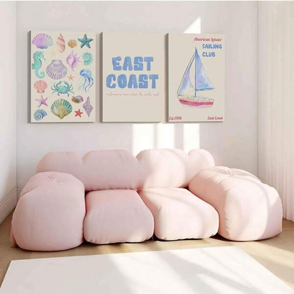 3 piezas de arte de pared de lienzo enmarcado de la este, impresión de bote de vela de concha linda, adecuado para sala de estar contemporánea, baño, dormitorio, hotel, apartamento, B&B, pasillo, estudio, villa, galería, aula, estudio, habitación de niños, decoración de oficina, listo para colgar