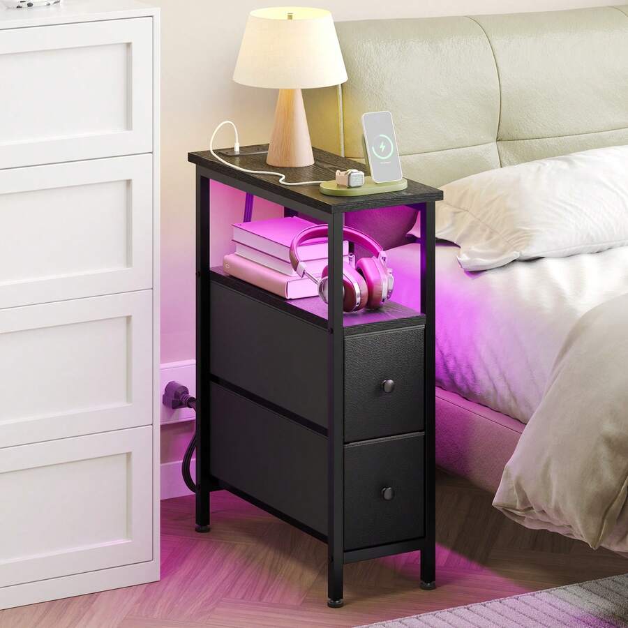 Tomnk Nightstand With Charging Station, Narrow Side Table With 2 Fabric Drawers, Slim End Table With LED Light, Small Bedside Table With Storage, Living Room, Bedroom Furniture - 查看 1