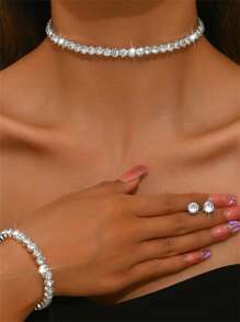 Conjunto de 3 joias elegantes com strass prateados