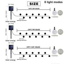 1 pieza Luces de cadena de bolas de cristal solares, resistentes al agua IP65 para uso en exteriores, luces de burbuja LED para decoración de jardín, con 8 modos, 20/50/100 leds, perfectas para acampar, decoración de tienda de campaña y ambiente acogedor de dormitorio, luces de cadena solares para jardín exterior, fiesta, Halloween, Navidad, Pascua, iluminación para acampar.