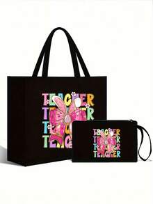 教师答谢礼物 - 大容量时尚手提包，印有“教师的电池寿命”字样，配有化妆包、衬里和无封口 - 非常适合教育工作者和学校工作人员