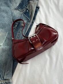 1pc Women's Retro Punk Riveted Adjustable Shoulder Strap Tote Bag, Soft Distressed Vegan Leather, Gradient Color, Large Capacity For Work, Commute, Date, Party , Goth , Punk - Burgundy - View 7