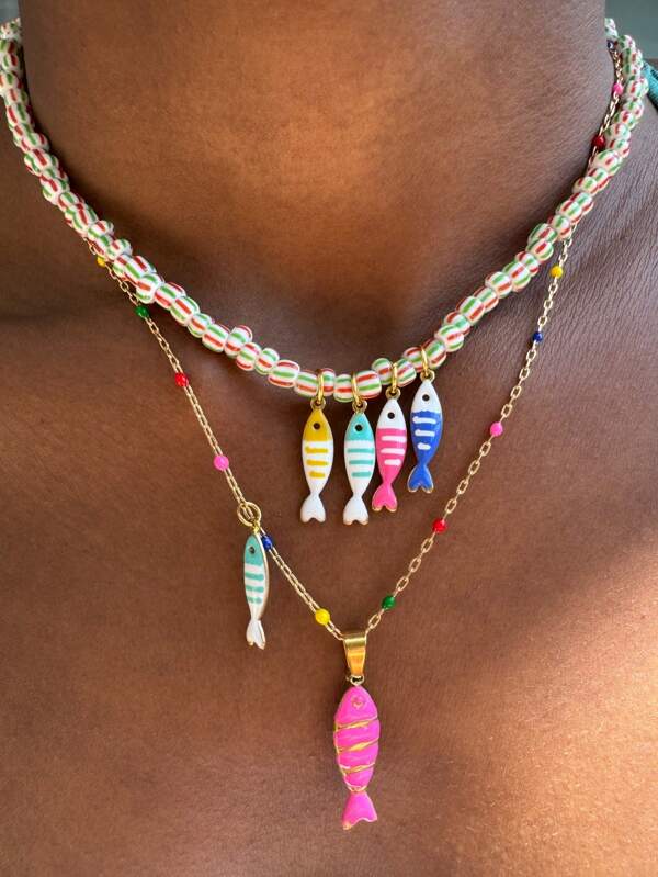 Colorful Fish Cendant Beaded Colorful Stainless Steel Chain Necklace Fashion Elegant Necklace For Women Jewelry Holiday Accessories